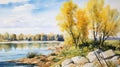 Watercolor Painting Of Dnieper River Crag With Willow Trees