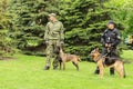 Dnipro city , Dnepropetrovsk, Ukraine, May 9, 2018. Ukrainian police dog handlers with trained shepherd dogs protect