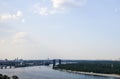 Dnipro River with bridges and residential houses at the background in the capital of Ukraine, Kyiv Royalty Free Stock Photo
