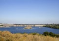 Dnipro river and largest hydroelectric dam in Zaporizhia from Khortytsya Island, Ukraine Royalty Free Stock Photo