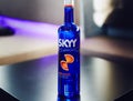 DNIPRO, UKRAINE - APR 30, 2018: Bottle of SKYY vodka on the bar table in restaurant