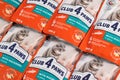 Dnipro, Ukraine - August 04, 2023: Club 4 Paws branded cat pet food packages close up