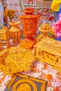 The carved wooden kitchenware on craftsmen`s stall on Independence Day Fair, on August 24 in Dnipro, Ukraine
