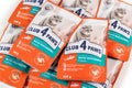 Dnipro, Ukraine - August 04, 2023: Club 4 Paws branded cat pet food packages close up