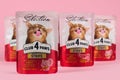 Dnipro, Ukraine - August 18, 2023: Club 4 Paws Premium Selection branded cat pet food