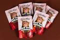 Dnipro, Ukraine - August 18, 2023: Club 4 Paws Premium Selection cat food on brown background