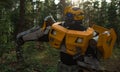 Robot transformer Bumblebee stands among forest