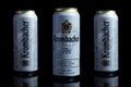 Dnipro Ukraine - 29 august 2022: Krombacher Pils beer brand cans on black background.