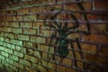Graffiti in the form of a black spider on a brick wall