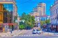 The streets of modern Dnipro and famous Menorah center on background, on August 24 in Dnipro