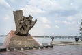 Monument to soldiers killed in afghanistan during the soviet war with the dneper river in background in Dnipro