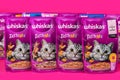 Dnipro, Ukraine - August 04, 2023: Whiskas branded cat pet food purple packages close up