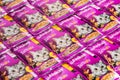 Dnipro, Ukraine - August 04, 2023: Whiskas branded cat pet food purple packages close up