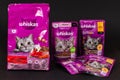 Dnipro, Ukraine - August 25, 2023: Whiskas products, Global brand of cat food produced, Cat and food