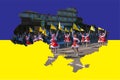 Citizens celebrate City Day. Girls dancers with waving flags of Ukraine