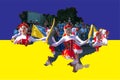 Citizens celebrate City Day. Girls dancers with waving flags of Ukraine