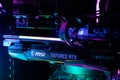 Dnipro, Ukraine - February 23, 2023: MSI Geforce RTX gaming graphics card in a open case with glow