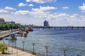 Aerial view of Sicheslavska embankment in Dnipro. Beautiful cityscape of the tourist center with