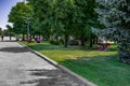 Lawn with families resting and bean bag chairs on Sicheslavskaya embankment in Dnipro. Relax