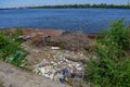 Spontaneous garbage dump on the banks of the Dnieper river in Dnipro