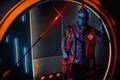 DNIPRO, UKRAINE - JUNE 26, 2019: Cosplayer portraying Yondu from movie Guardians of the Galaxy with flying arrow