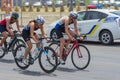 Winner, runner up and third place competing at the women`s bicycle race during Dnipro ETU Triathlon Junior European Cup