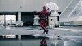 DNIPRO, UKRAINE - MARCH 28, 2019: Deadpool cosplayer posing with weapon and umbrella on city street