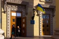 DNIPRO, UKRAINE - March 31, 2019: Entrance to the place of the polling station in the university building. Election of the Royalty Free Stock Photo