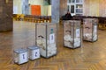 View of ballots in ballot box at vote station. Election of Ukraine President. Observers from different political parties monitor p