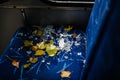 Dnipro, Ukraine Nov 17, 2022: Shards of a broken window on the seat