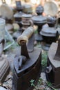 Dnipro, UKRAINE - September 2017: Flea market in Dnipro. Old vintage stuff for sale. Different used products: gas lamps
