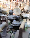 Dnipro, UKRAINE - September 2017: Flea market in Dnipro. Old vintage stuff for sale. Different used products: gas lamps