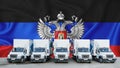 Dnr flag in the background. Five new white trucks are parked in the parking lot. Truck, transport, freight transport. Freight and
