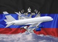 Dnr flag with white airplane and clouds. The concept of tourist international passenger transportation