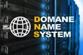 Dns - domain name system, server and protocol. Internet and digital technology concept on server room background