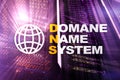 Dns - domain name system, server and protocol. Internet and digital technology concept on server room background.