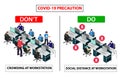 Do and don`t poster for covid 19 corona virus. Safety instruction for office employees and staff. Social distance maintain at