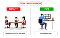 Do and don`t poster for covid 19 corona virus. Safety instruction for office employees and staff. Vector illustration of avoid