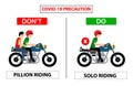 Do and don`t poster for covid 19 corona virus. Safety instruction for office employees and staff. Vector illustration of bike