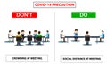 Do and don`t poster for covid 19 corona virus. Safety instruction for office employees and staff. Victor illustration of maintain