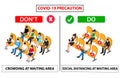 Do and don`t poster of covid 19 corona virus. Safety instruction for people are sitting on chair and maintaining distance for