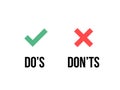 Do and Dont check tick mark red cross vector icon