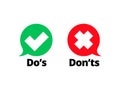 Do and Dont check tick mark red cross vector icon