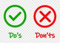 Do and Dont check tick mark and red cross icons isolated on transparent background. Vector Do s and Don ts checklist or