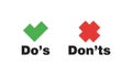 Do and Dont check tick mark and red cross icons isolated on white background.