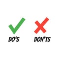 Do and Dont check tick mark and red cross icons isolated on white background.