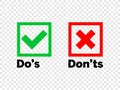 Do and Dont check tick mark red cross vector icon