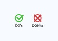 Do and dont icon. Correct and good green event and negative negatory red impact confirmation.