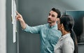 Do we need to make any more changes here. two architects working with blueprints on a wall in an office. Royalty Free Stock Photo