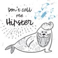 Black and white hipster postcard with cartoon bearded walrus with tattoos. Vector illustration